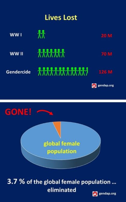 Charts comparing female lives lost to lives lost in WWI & WWII as well as in context of global female population.