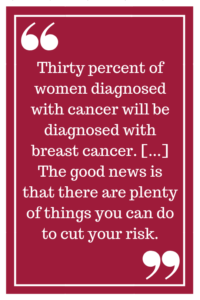 Thirty percent of women diagnosed with cancer will be diagnosed with breast cancer. [...] The good news is that there are plenty of things you can do to cut your risk.